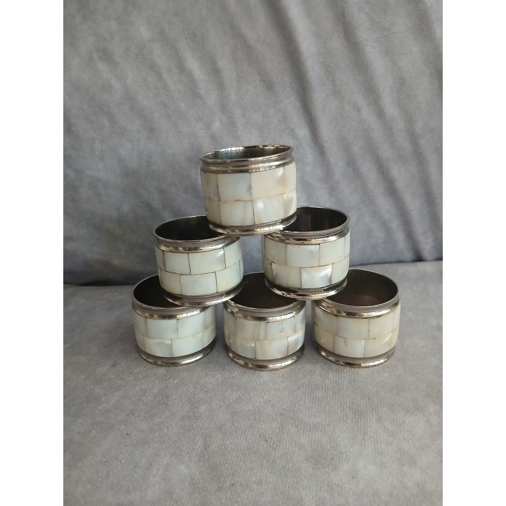 Vintage Mother of Pearl Inlay Napkin Rings Set of 6 Silver Tone Mosaic Shell
